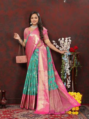 Women's latest design rama color soft cotton saree with blouse piece 2