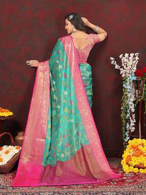 Women's latest design rama color soft cotton saree with blouse piece 3