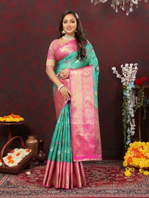 Women's latest design rama color soft cotton saree with blouse piece 5