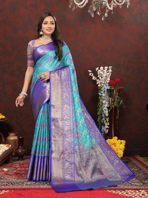 Women's latest design blue color soft cotton saree with blouse piece 1