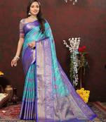 Women's latest design blue color soft cotton saree with blouse piece
