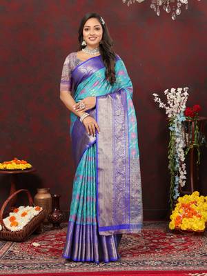 Women's latest design blue color soft cotton saree with blouse piece 2