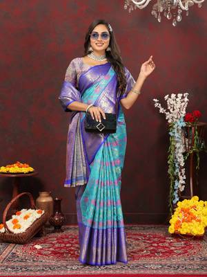 Women's latest design blue color soft cotton saree with blouse piece 5