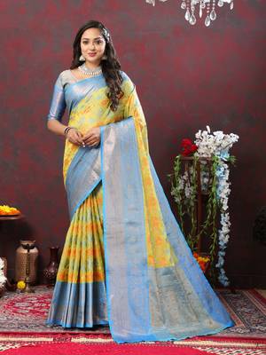 Women's latest design yellow color soft cotton saree with blouse piece 1