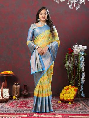 Women's latest design yellow color soft cotton saree with blouse piece 2