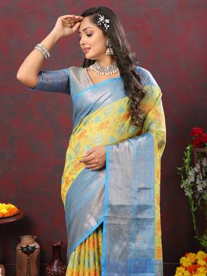 Women's latest design yellow color soft cotton saree with blouse piece 5
