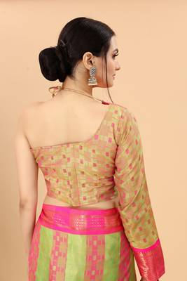 Pista Woven Checks Work Cotton Silk Dharmavaram Saree 4