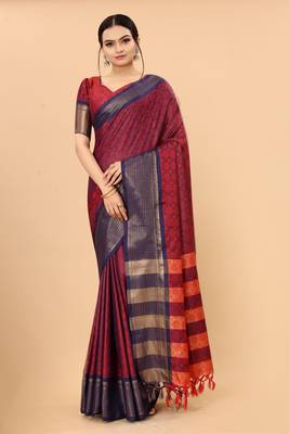 Red Woven Checks Work Cotton Silk Dharmavaram Saree 1