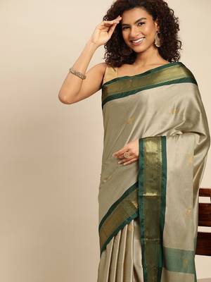 Soft Silk Jacquard Work Beige Green Saree 1