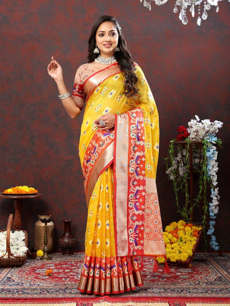 Women's Silk Blend Lemon Yellow Woven Design Designer Saree With Blouse Piece