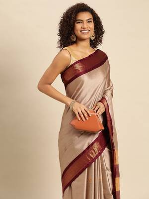 Beige Maroon Jaccaurd Work Soft Silk Dharmavaram Saree 1