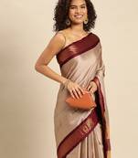 Beige Maroon Jaccaurd Work Soft Silk Dharmavaram Saree