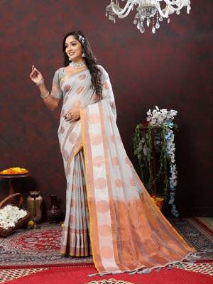 Women's latest design grey color soft cotton saree with blouse piece 1