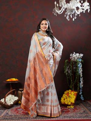 Women's latest design grey color soft cotton saree with blouse piece 2