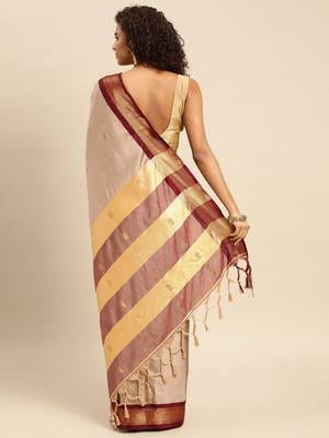 Beige Maroon Jaccaurd Work Soft Silk Dharmavaram Saree 2