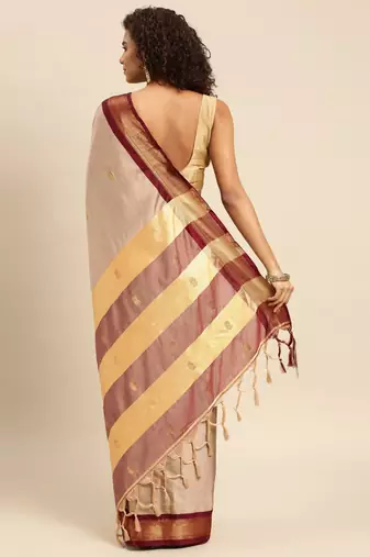 Beige Maroon Jaccaurd Work Soft Silk Dharmavaram Saree