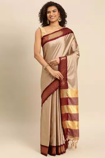 Beige Maroon Jaccaurd Work Soft Silk Dharmavaram Saree
