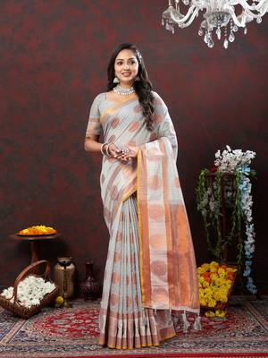 Women's latest design grey color soft cotton saree with blouse piece 5