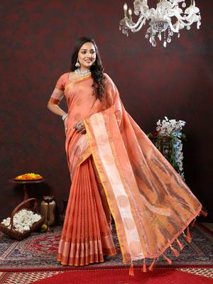 Women's latest design orange color soft cotton saree with blouse piece 1