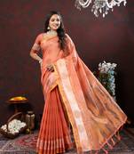 Women's latest design orange color soft cotton saree with blouse piece
