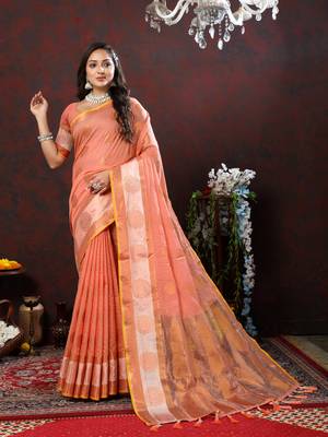 Women's latest design orange color soft cotton saree with blouse piece 2