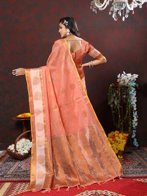 Women's latest design orange color soft cotton saree with blouse piece 3