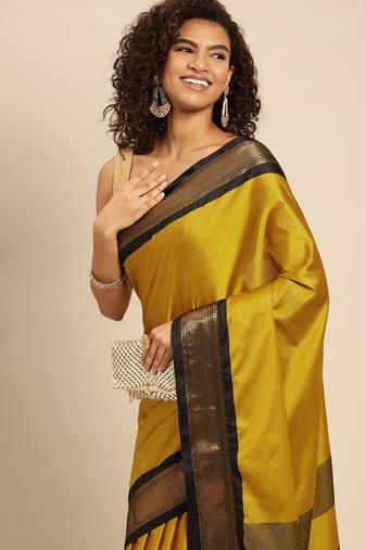 Musturd black jaccaurd work pure soft silk dharmavaram saree