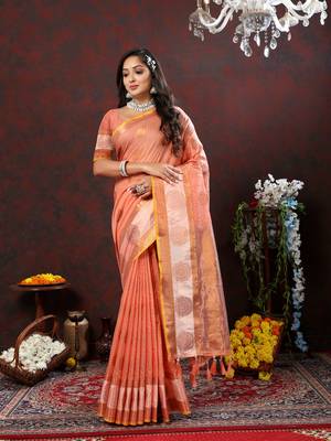 Women's latest design orange color soft cotton saree with blouse piece 5
