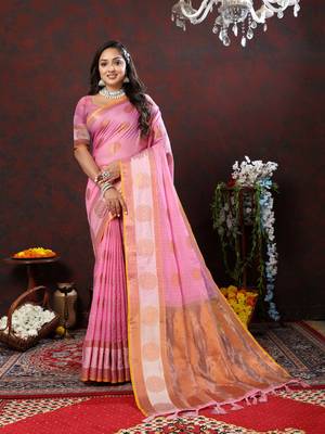 Women's latest design pink color soft cotton saree with blouse piece 1