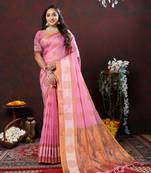 Women's latest design pink color soft cotton saree with blouse piece