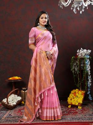 Women's latest design pink color soft cotton saree with blouse piece 2