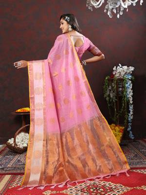 Women's latest design pink color soft cotton saree with blouse piece 3