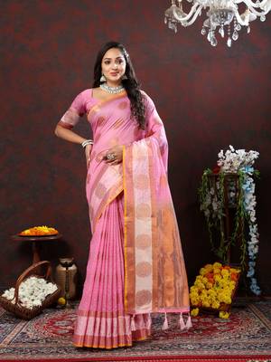 Women's latest design pink color soft cotton saree with blouse piece 5