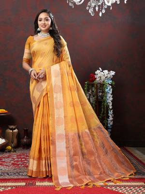 Women's latest design yellow color soft cotton saree with blouse piece 1
