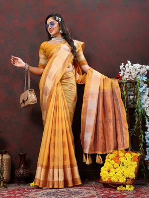 Women's latest design yellow color soft cotton saree with blouse piece 2