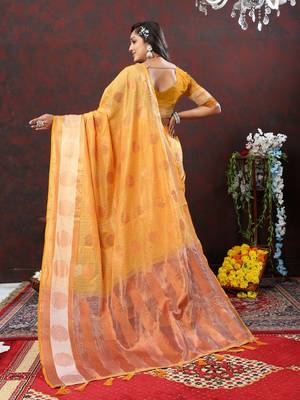 Women's latest design yellow color soft cotton saree with blouse piece 3