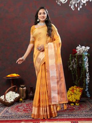 Women's latest design yellow color soft cotton saree with blouse piece 5