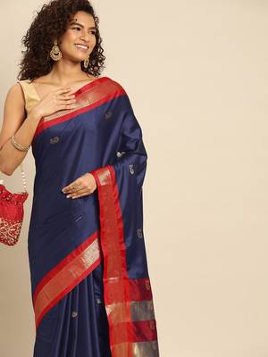 Navy Red Jaccaurd Work Art Silk Dharmavaram Saree 1