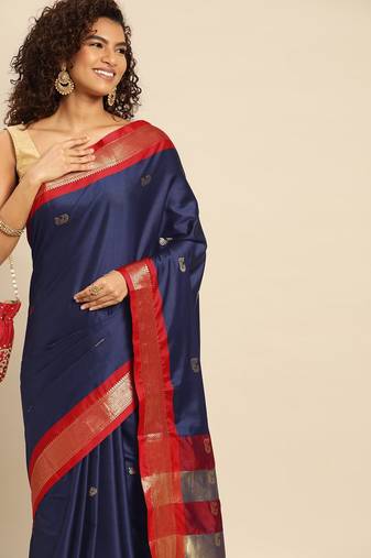 Navy Red Jaccaurd Work Soft Silk Dharmavaram Saree