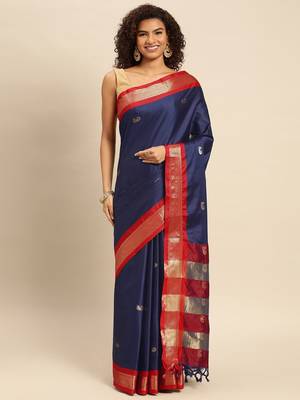 Navy Red Jaccaurd Work Art Silk Dharmavaram Saree 2