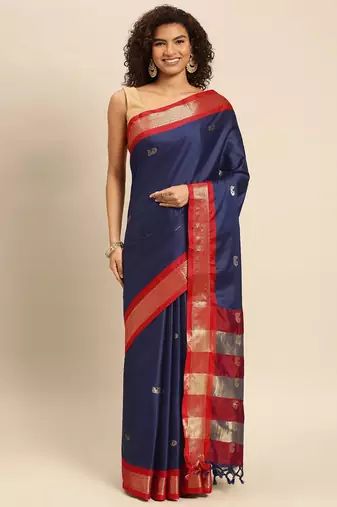Navy Red Jaccaurd Work Art Silk Dharmavaram Saree