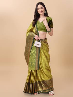 Lemon self jacqurd cotton silk dharmavarm saree with blouse 1