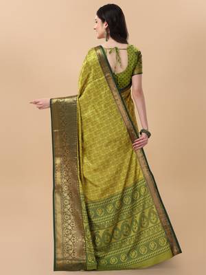 Lemon self jacqurd cotton silk dharmavarm saree with blouse 2