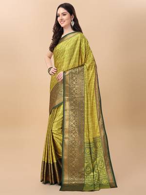 Lemon self jacqurd cotton silk dharmavarm saree with blouse 3