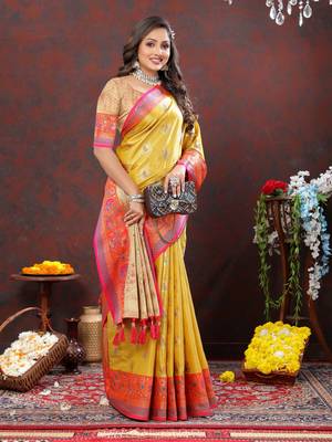 Women's latest design yellow color kanjivaram silk saree with blouse piece 2
