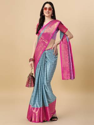 Sky Blue Self Jacqurd Cotton Silk Dharmavarm Saree With Blouse 1