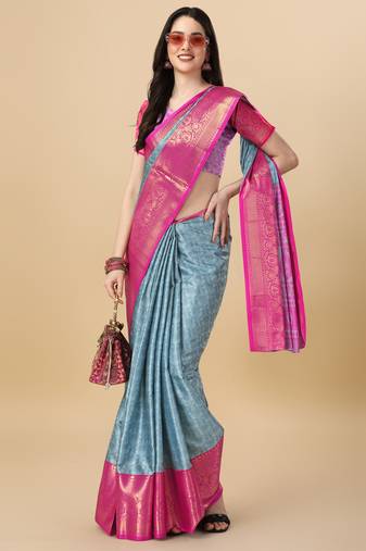 Sky Blue Self Jacqurd Cotton Silk Dharmavarm Saree With Blouse