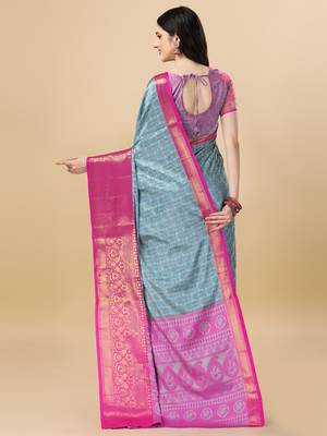 Sky Blue Self Jacqurd Cotton Silk Dharmavarm Saree With Blouse 2