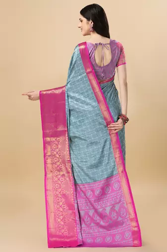 Sky Blue Self Jacqurd Cotton Silk Dharmavarm Saree With Blouse