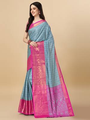 Sky Blue Self Jacqurd Cotton Silk Dharmavarm Saree With Blouse 3